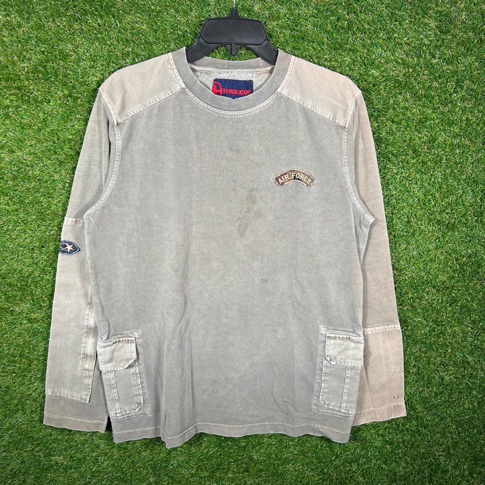 Tough Jeans‎ Mens Air Force Cargo Pocket Long Sleeve Shirt Faded Olive Gray M